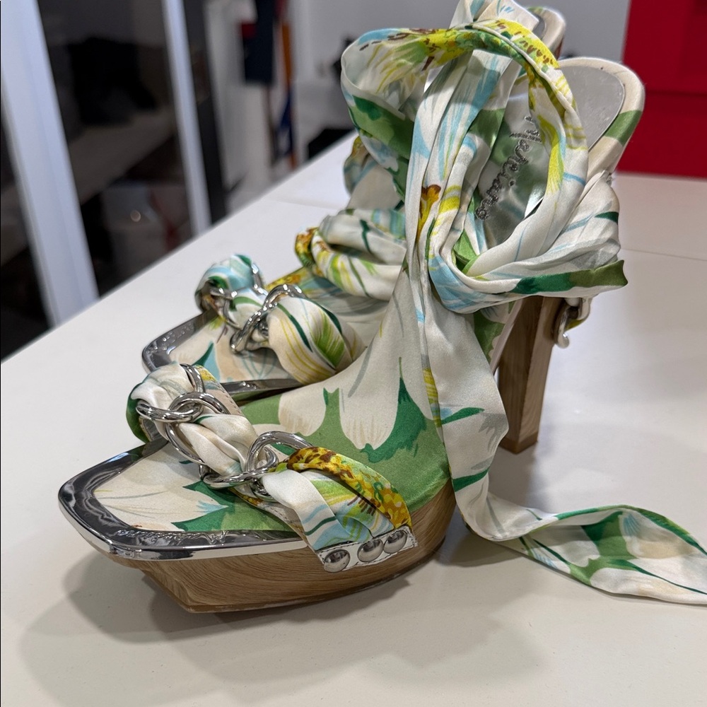 Marciano Brand Auazzura Green and Yellow Floral Platform Sandals